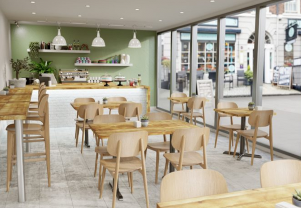 Kafe dengan meja dan kursi yang nyaman untuk bekerja